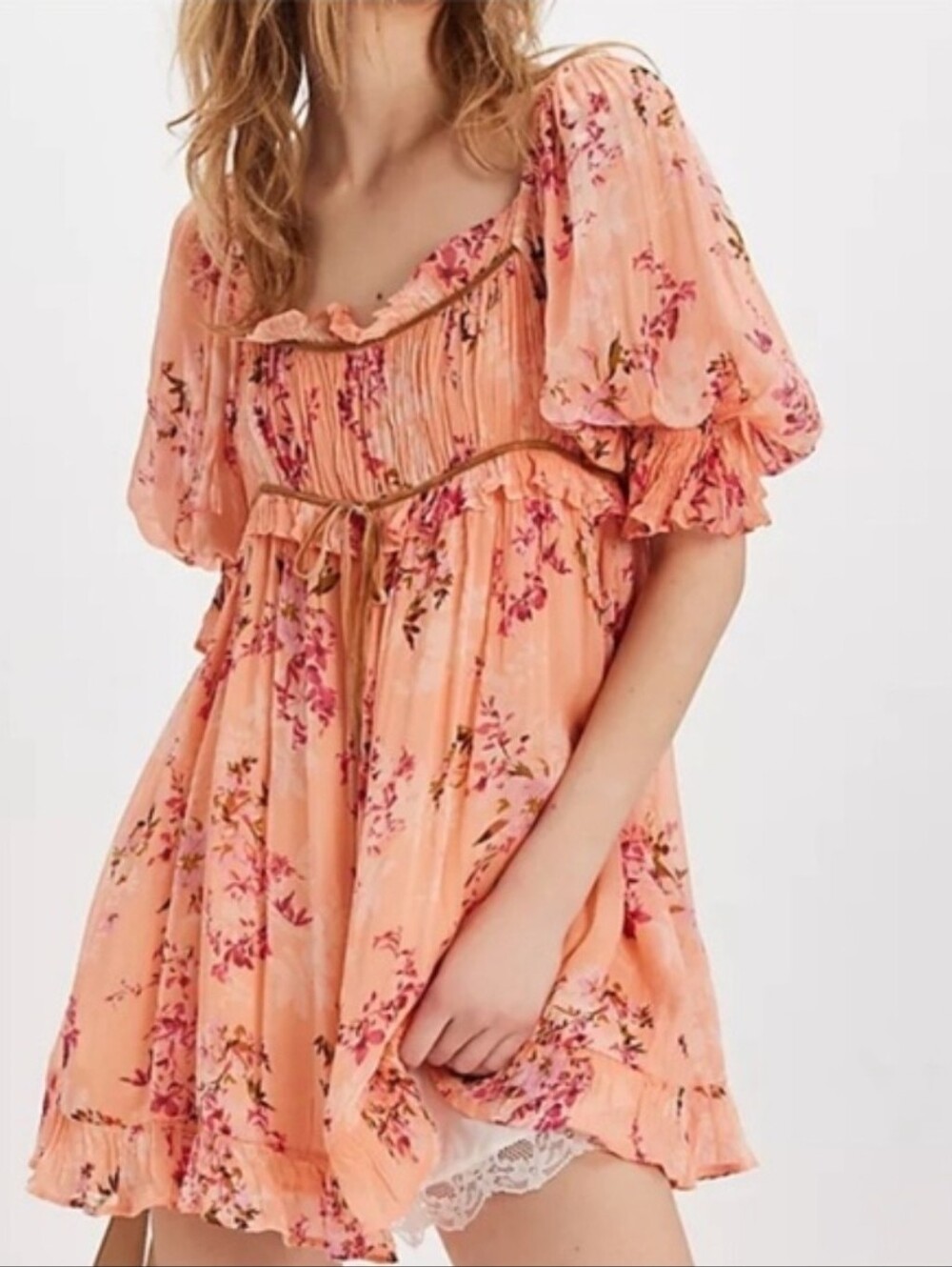 Free People Baby Doll Marney Mini Dress Floral Puff Sleeve Velvet Ribbon Sz S